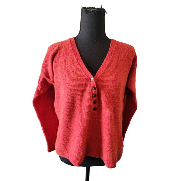 Madewell Wool Alpaca Blend Red Orange 3/4 Button Sweater Womens XS Waffle - Picture 2 of 13